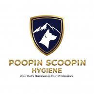 Poopin Scoopin Hygiene logo - dog mountain shield